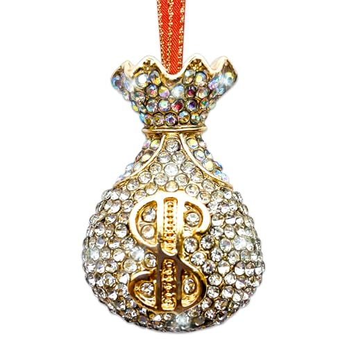 HEINSHEN Mini Money Bag Christmas Ornament with Rhinestones, Metal Holiday Decor