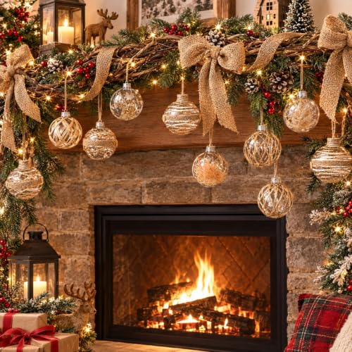 Hollowfly 28 Pcs Burlap Christmas Ornaments - Cute Style Farmhouse Rustic Ball Decor