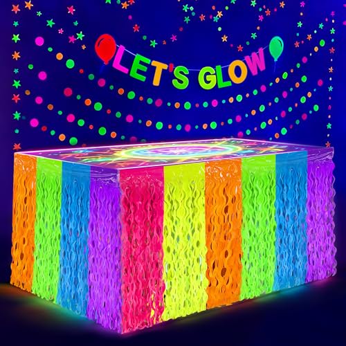 2 Pack Neon Tinsel Foil Fringe Table Skirts - UV Reactive Glow Party Decor