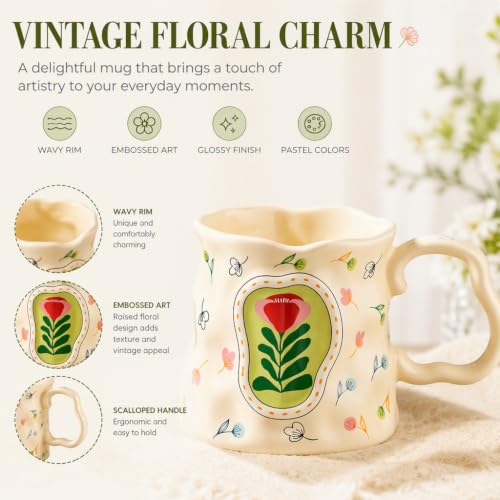 VABILNIY Hand Painted Floral Ceramic Mug 13.5 oz Creamy Yellow with Unique Curved Handle