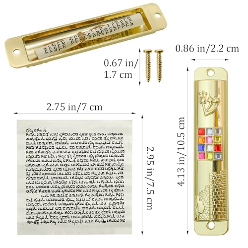 Metal Mezuzah Case with Scroll, 12 Tribes Hoshen Stones, Gold Door Blessing
