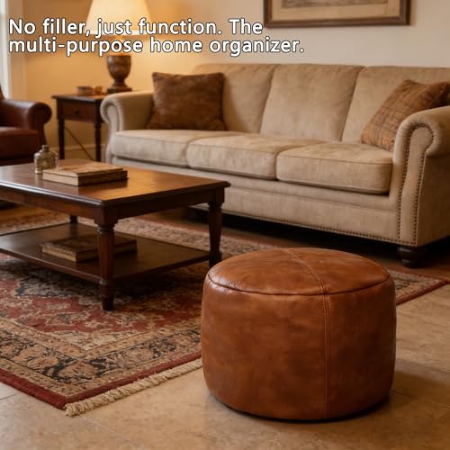 Unstuffed Faux Leather Pouf Ottoman Cover 16.5-inch Floor Footrest