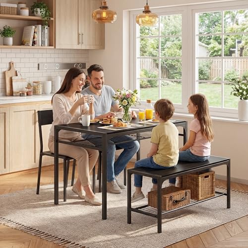 4-Piece Dining Table Set for 4 with Bench and Built-In Storage Racks - Black