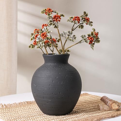 Black Ceramic Flower Vase - 7.4" Handcrafted Farmhouse Table Decor