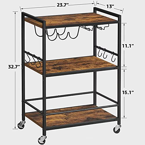 3-Tier Mobile Bar Cart with Wine Rack, Glass Holder and Storage Hooks