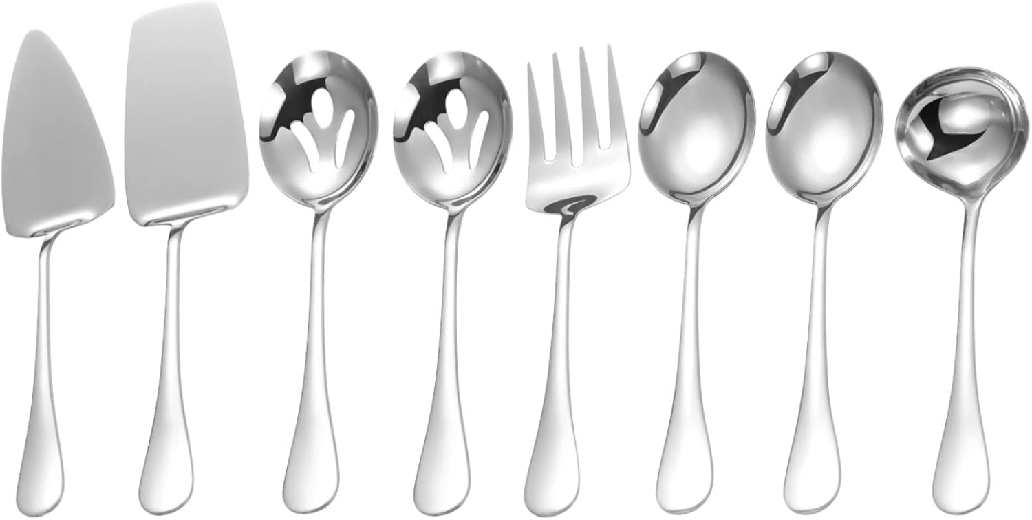Polished Stainless Steel Serving Utensils Set - 8-Piece Serving Spoons, Forks & Ladles for Parties | Dishwasher Safe