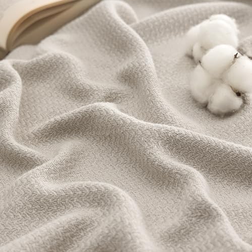 Bedsure 100% Cotton Queen Blanket - Lightweight Breathable Herringbone Woven Bed Blanket, Linen Beige