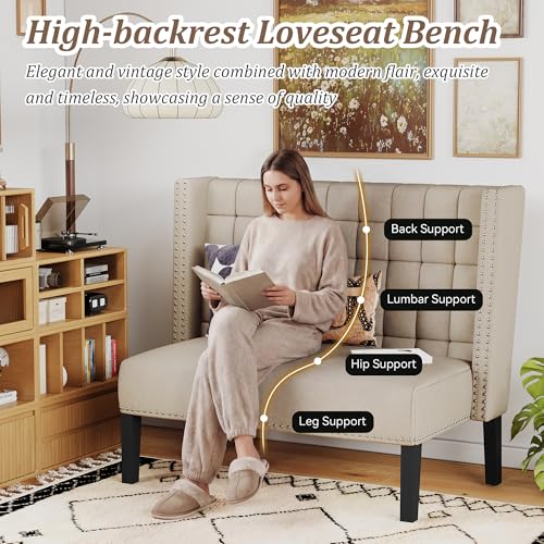 Modern Upholstered Loveseat Bench with Tufted Back and Tapered Wood Legs
