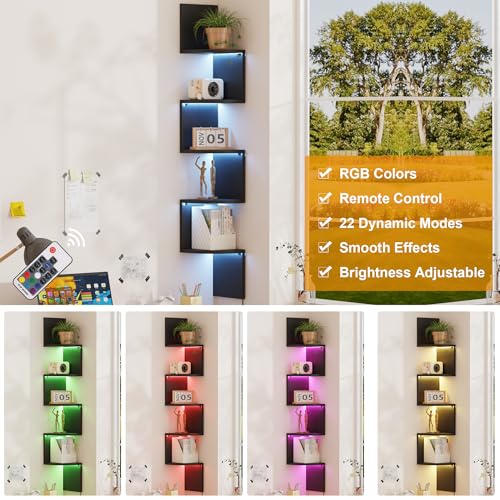 5-Tier Corner Wall Shelf with RGB LED Lighting, 49-Inch Floating Display