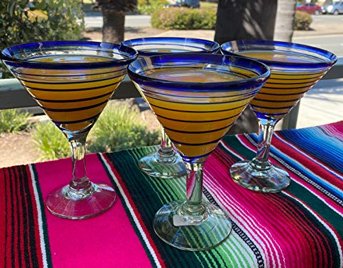 Mexican Hand Blown Glass Margarita Glasses Set - Blue Spiral, 12 oz