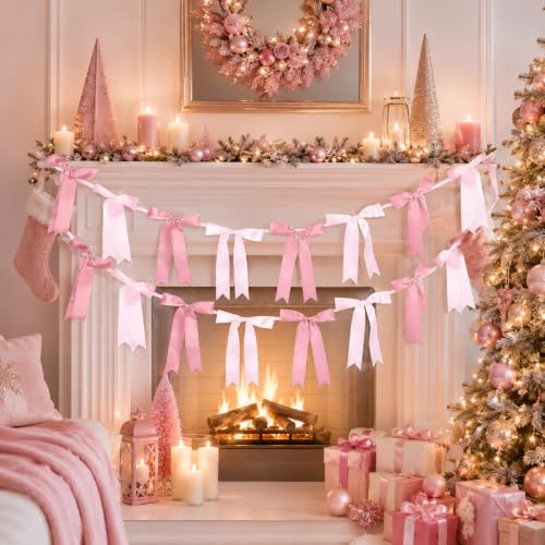 Pink Satin Bow Garlands - 2 Pack, 16pcs, 6.5ft Pre-Strung Party Decorations