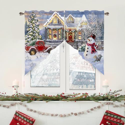 Deblaker Snowscape Christmas Burlap Swag Curtains for Windows, Red Truck & Snowman, 56"Wx36"L, Pack of 2