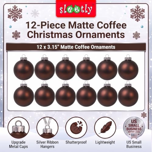 Sleetly Brown Christmas Ornaments Set 3.15in Matte Holiday Decor, 12 Pieces