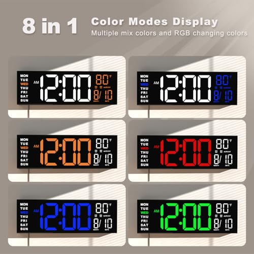 16-Inch Large LED Digital Wall Clock with Remote, 8 RGB Colors and Timer