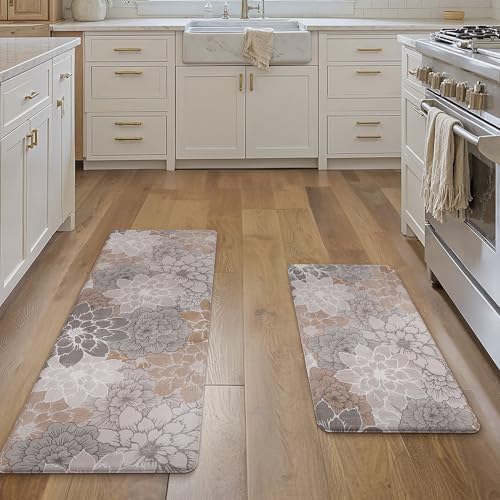 GENIMO Anti-Fatigue Kitchen Floor Mats Set 17.3x47 & 17.3x30 Taupe Grey Waterproof Non-Slip