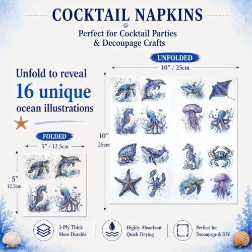 60Pcs Ocean-Themed Cocktail Napkins Set - 12 Designs, 3-Ply Summer Beach Party Decor