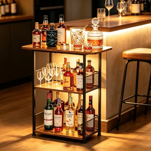3-Tier Freestanding Wine Rack & Mini Bar Cart with Wood Tabletop