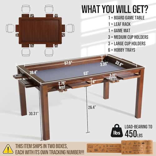 63-Inch Solid Wood Board Game Table with Dining Top and Game Vault