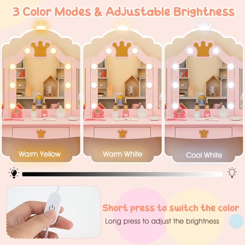 Kids Vanity Set with Mirror and Stool, Lighted Makeup Table for Girls