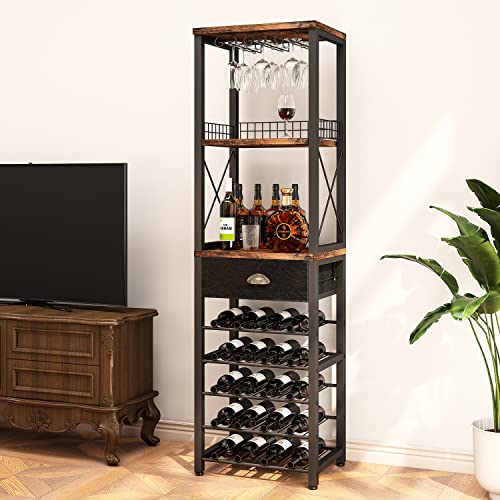 Homeiju Vintage Right Angle Wine Rack with Glass and Bottle Storage - Freestanding Bar Cabinet