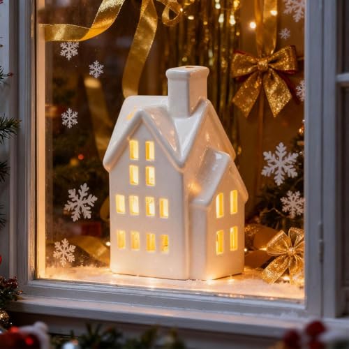 LED Lighted Ceramic White Christmas Village House Tabletop Figurine