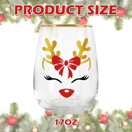 Whaline 4 Pack Christmas Reindeer Stemless Wine Glasses 17oz with Gold Rim for Holiday Parties