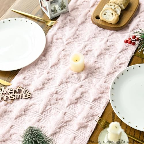 Pink Faux Fur Jacquard Christmas Tree Table Runner 13x90 Inch for Holiday Decor