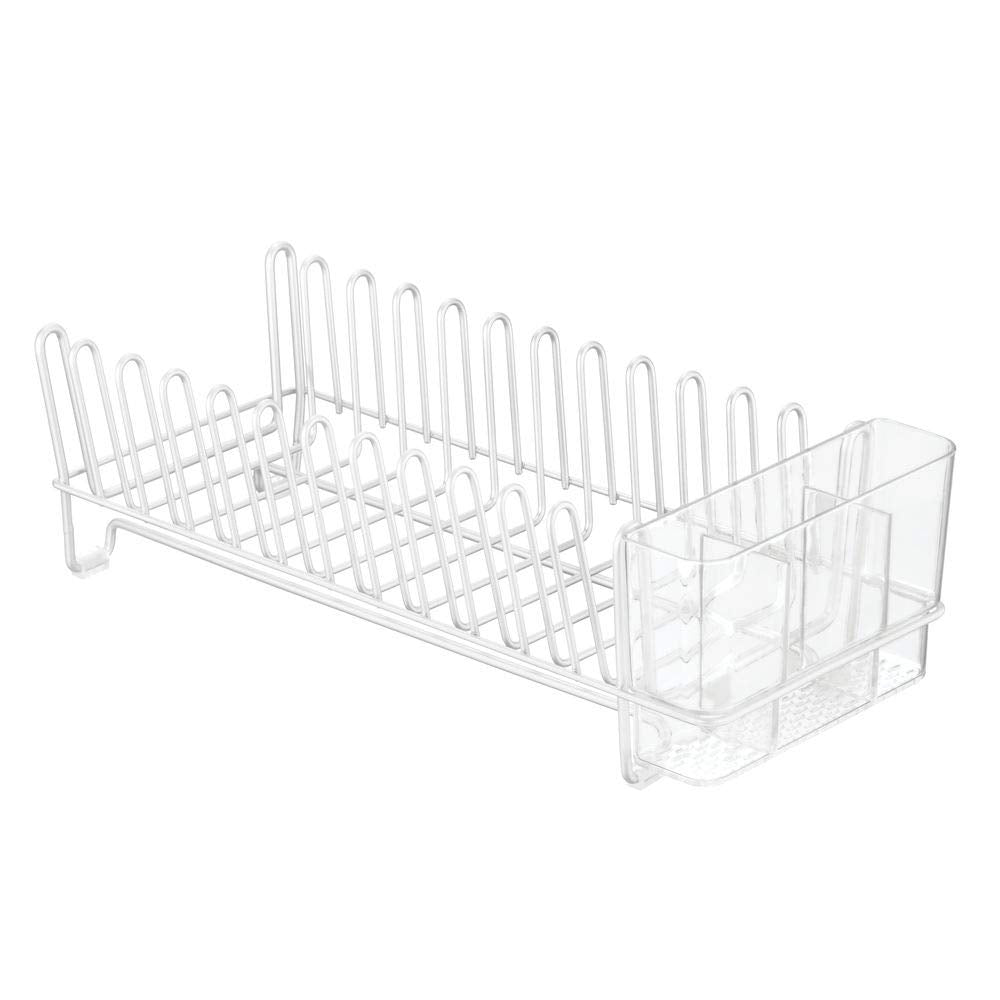 mDesign Kitchen Sink Dish Drainer – Small Metal and Plastic Dish Rack for Kitchen Sink – Dish Drying Rack with Drip Tray for Plates and Cutlery Basket – White/Clear