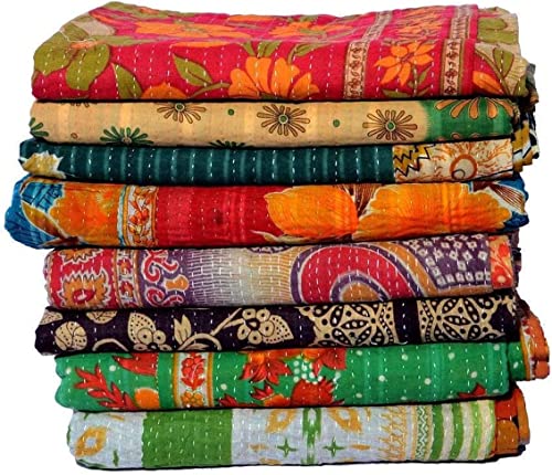 Vintage Kantha Quilt - Handmade Reversible Cotton Throw Blanket 85x55 Inches