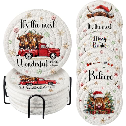 Leinuosen Highland Cow Christmas Coasters (6 Pcs) Cotton Cup Mats