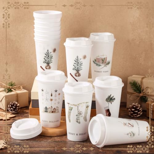 Havawish 12-Pack Rustic Neutral Christmas Coffee Cups with Lids, 16 oz Plastic Tumbler Bulk