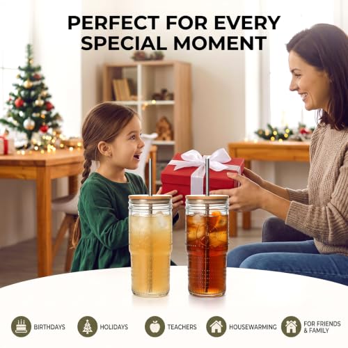 24 oz Glass Tumbler with Bamboo Lid & Reusable Stainless Steel Straw for Iced Coffee