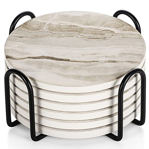 Absorbent Ceramic Drink Coasters Set with Holder - 4-Inch Non-Slip Cork Base
