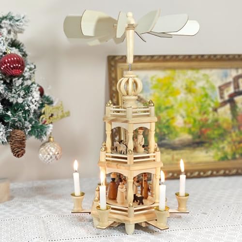 18-Inch Wooden Christmas Pyramid - 3-Tier Nativity Scene Candle Carousel