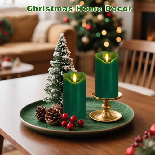Green Flameless Candles Set of 2 with Remote & Timer - Real Wax, 6x3 inches