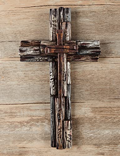 Rustic Layered Wood-Look Resin Wall Cross with Faux Iron Nail Accents
