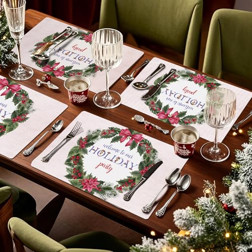 Red Poinsettia Holly Wreath Christmas Disposable Paper Placemats Set - 50 Sheets 11x17 inch