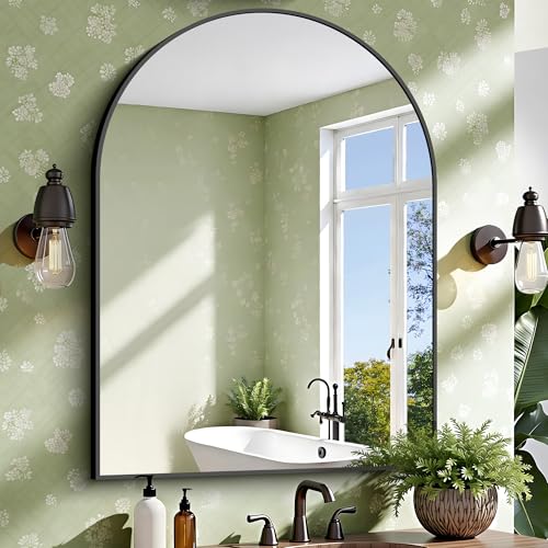 36x48 Inch Arched Wall Mirror - Large Black Metal Frame Bathroom Mirror