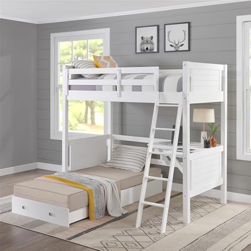Twin Size Loft Bed with Built-in Desk and Fold-Out Futon, White