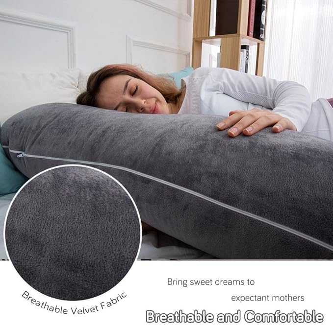 AMCATON 60-Inch U-Shaped Pregnancy Body Pillow with Velvet Cover - Dark Grey