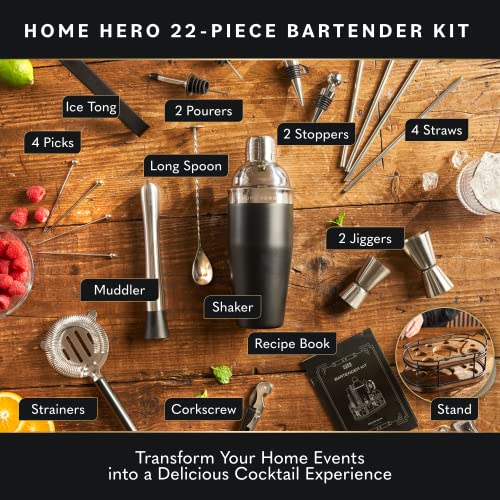 Home Hero 22-Piece Silver Bartender Kit with Wooden Stand & Recipe Book