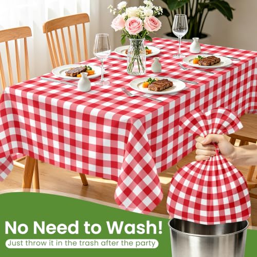 LIKAJON 6 Pack Red Gingham Plastic Tablecloth 54 x 108 Inches - Disposable, Waterproof
