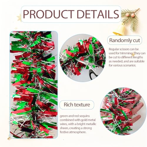 Red Green Silver Tinsel Garland 33Ft Christmas Decor Streamer - Holiday Party Decorations