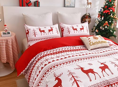 Christmas Reindeer Pillowcases Set of 2 - Red Holiday 20 x 28 Inch Decorative Pillow Covers - Variation: Red Deer / 28" x 20"