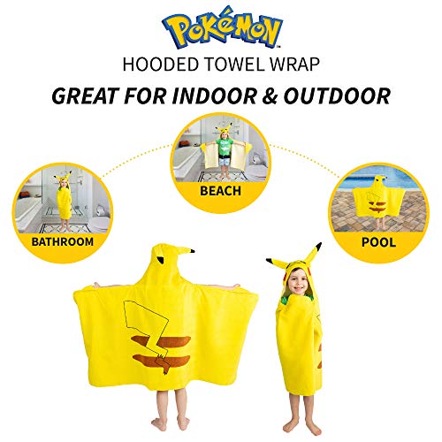 Pokemon Pikachu Hooded Towel Wrap - 24 x 50 inches, Soft Cotton Bath & Beach Towel for Kids