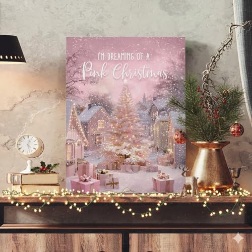 Voxitura Pink Snow Christmas Tree Wall Art Canvas 12x15in Holiday Decor