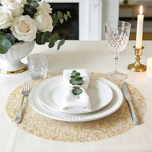 Soleebee 12 Pack Gold Placemats 13 Inch Round Disposable Table Mats - Textured Mesh Charger Doilies for Wedding Party