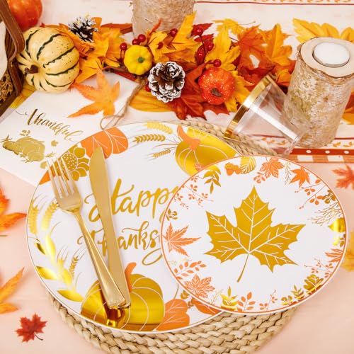 GATHER Thanksgiving Gold Plastic Plates Set with Gold Maple Leaves & Pumpkins