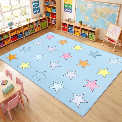 Large Classroom Rug 7.6 x 5 ft, Pastel Rainbow Educational Area Carpet