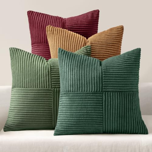 MIULEE 20x20 Inch Christmas Green Patchwork Corduroy Throw Pillow Covers Set of 4